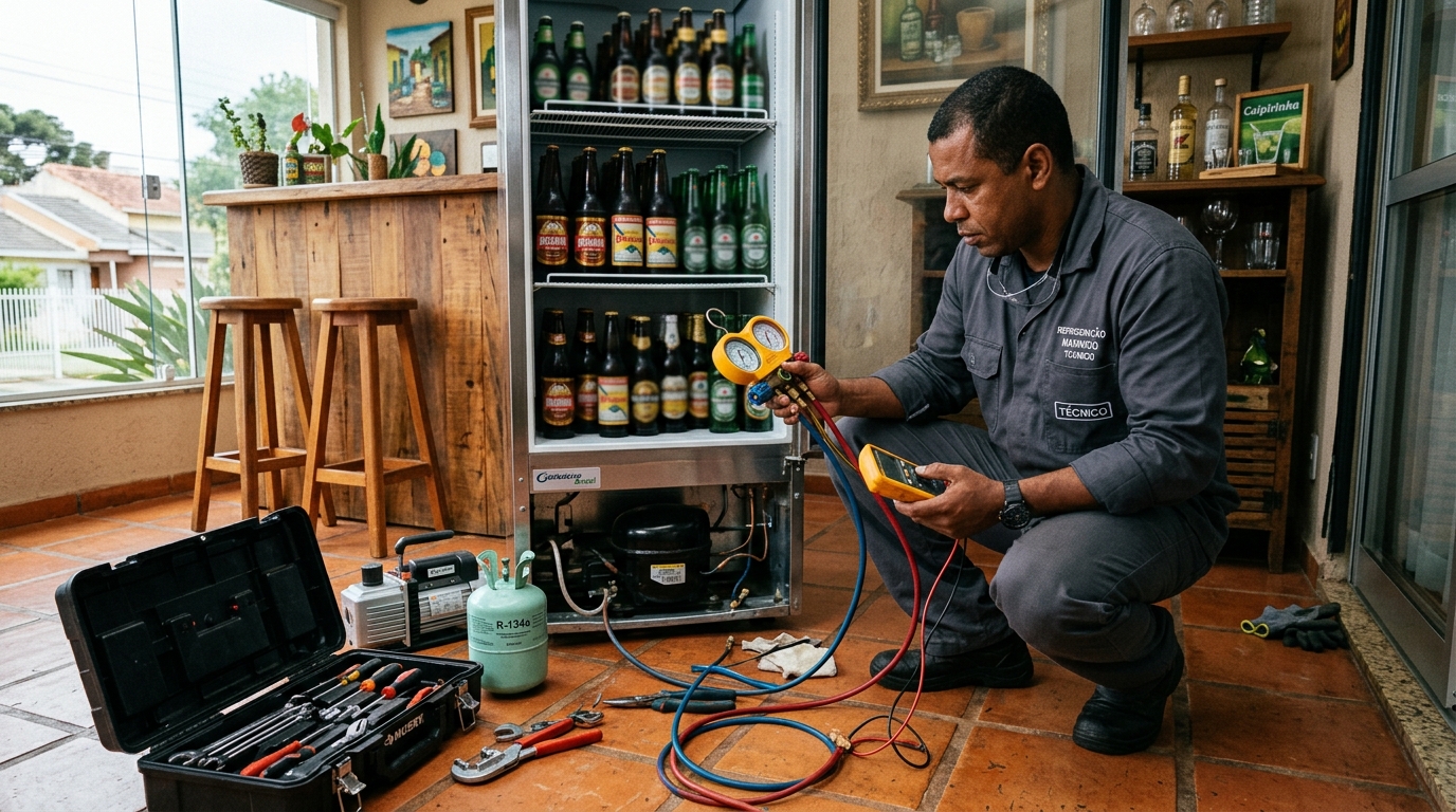 Profissional executando reparo no motor de cervejeira em Montes Claros‑MG
